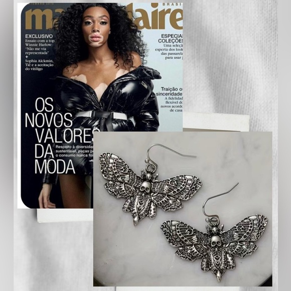 Silver Skull Moth Drop Earrings - Picture 4 of 15